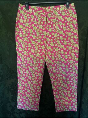 Lilly Pulitzer Pink & Lime Green Floral Summer Cotton Pants Size 16